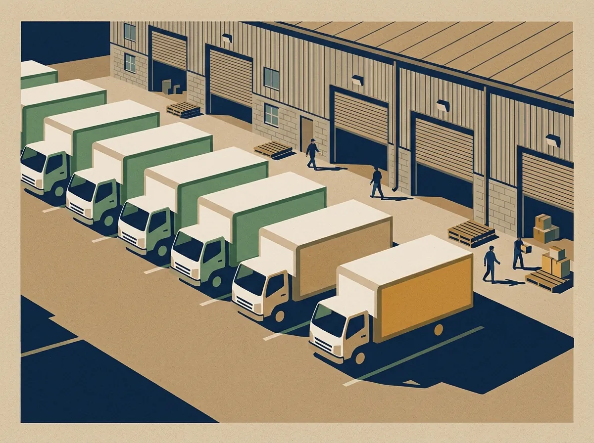 Row of plain white moving trucks outside a warehouse