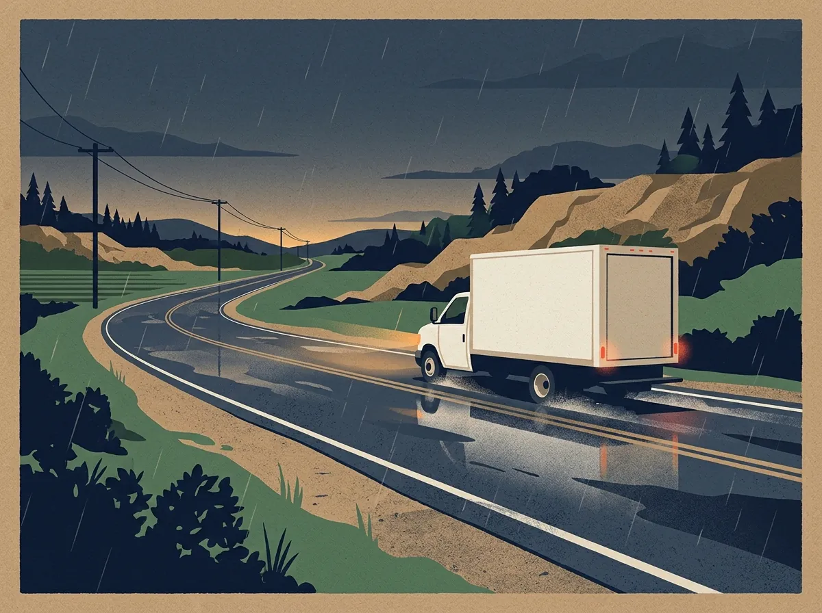 Moving truck on a rainy road at dusk with headlights on