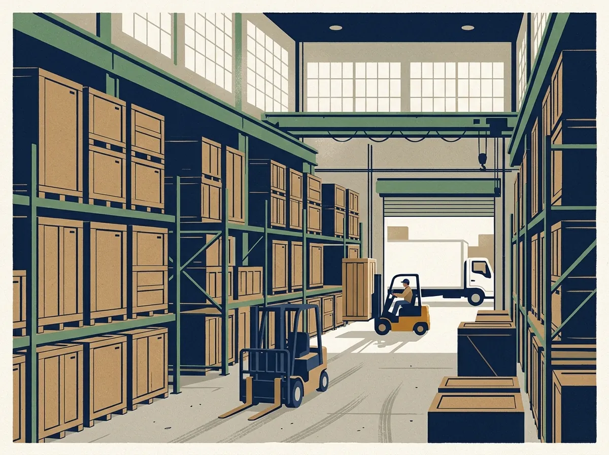Warehouse with wooden storage vaults on racks