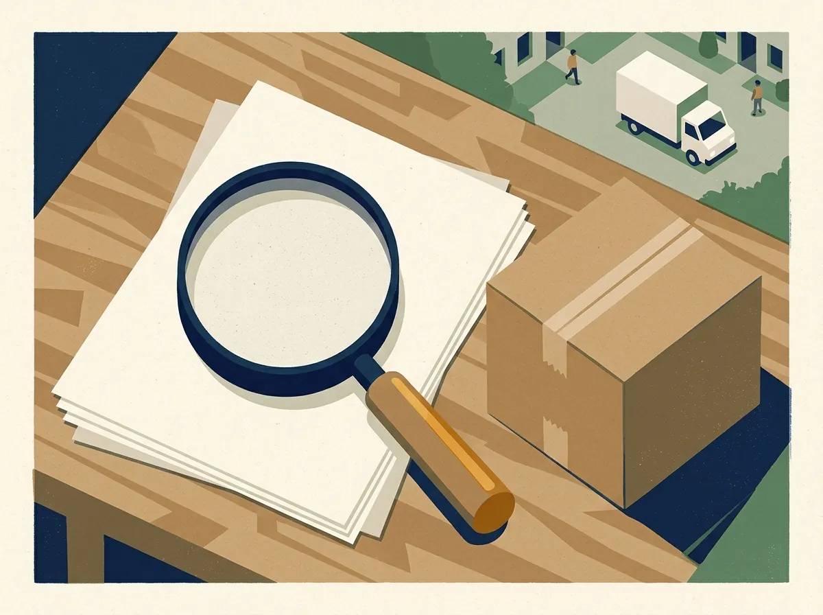 Magnifying glass on a stack of papers beside a moving box