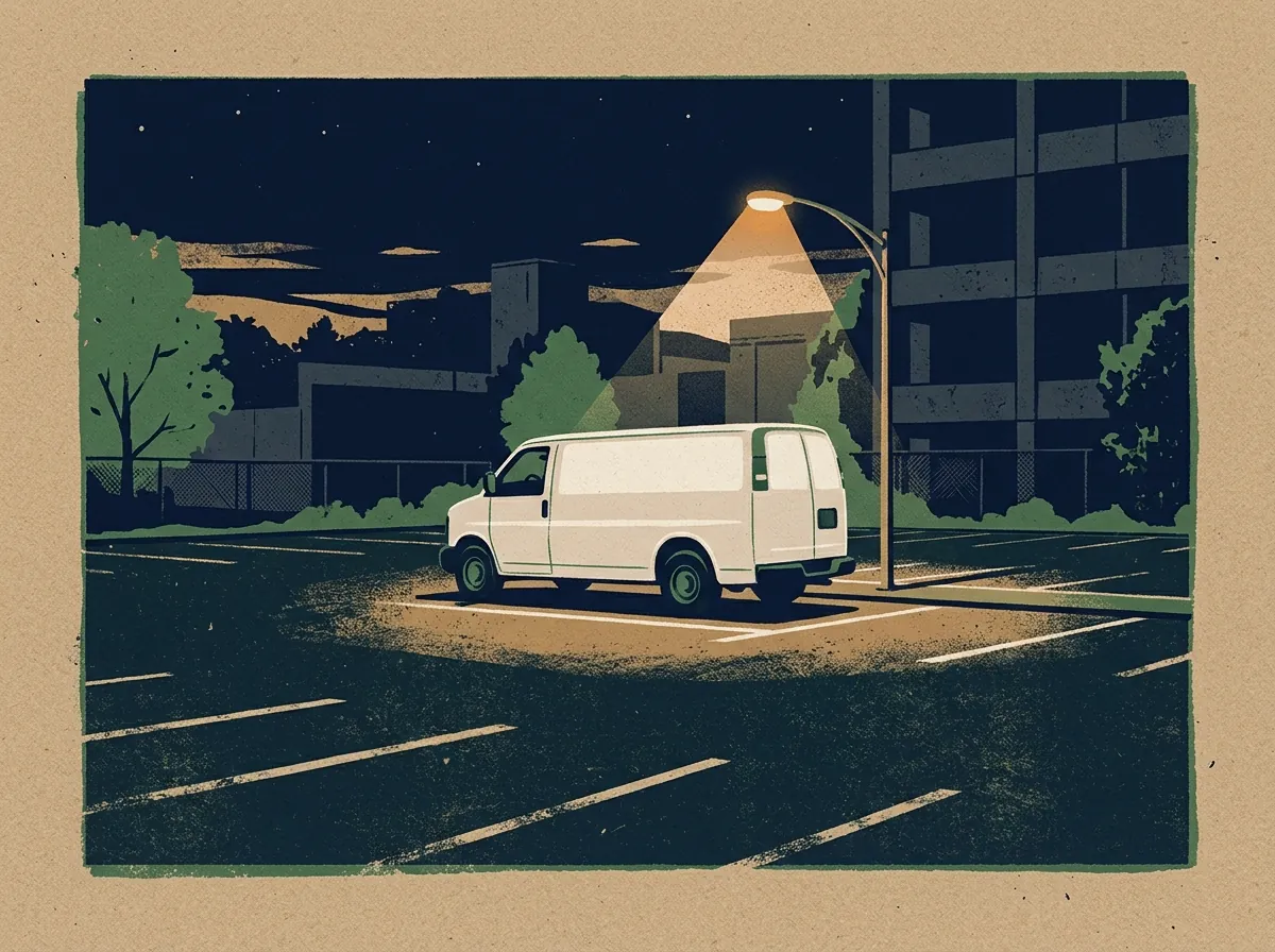 Unmarked white van alone in a dark parking lot