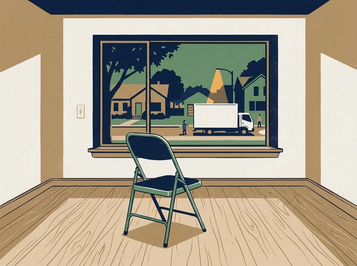 Empty room with a single folding chair at dusk