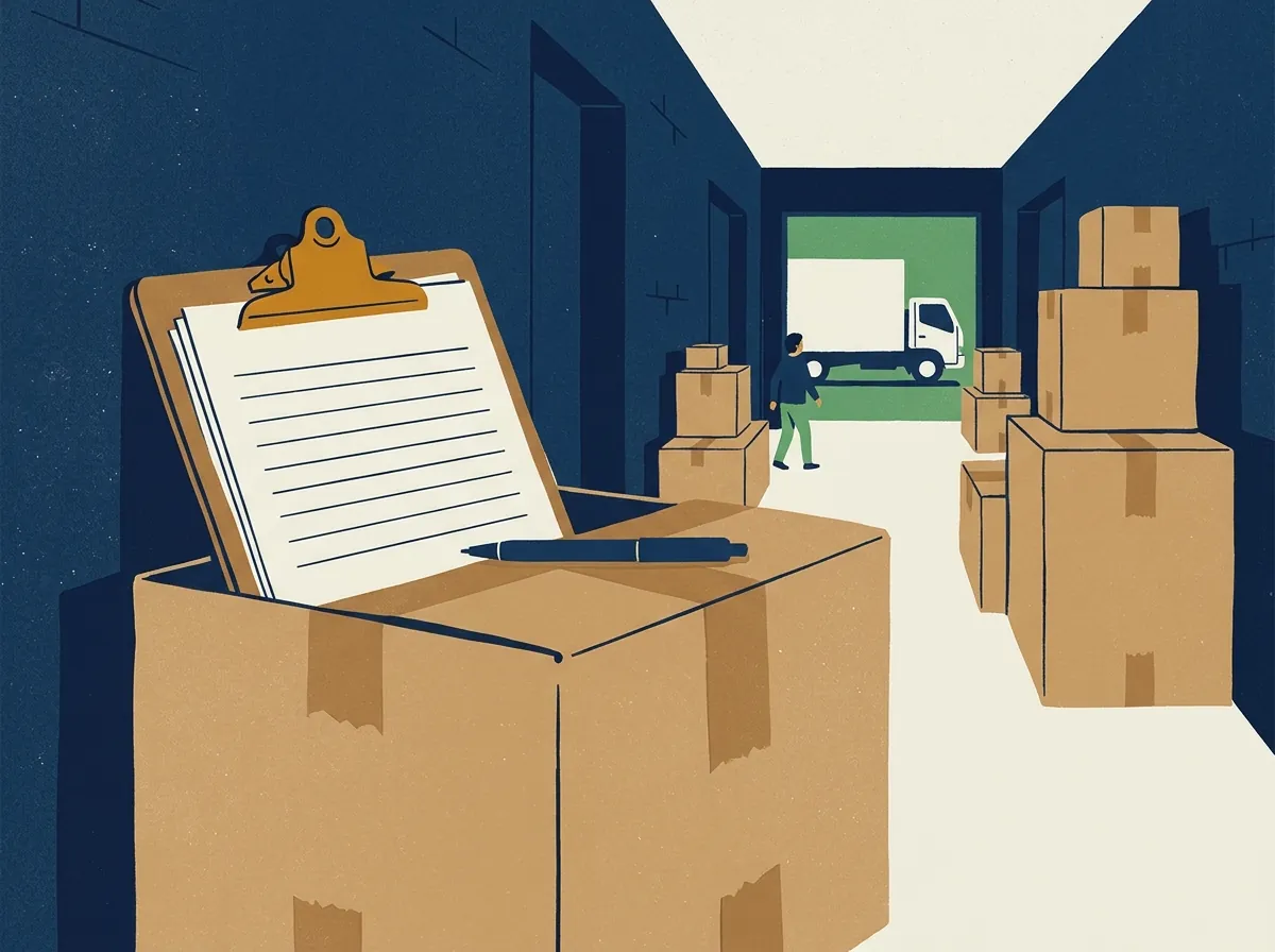 Clipboard with blank forms on top of a moving box