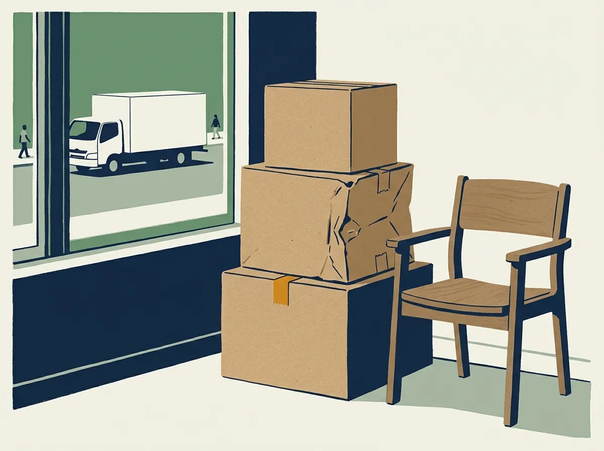Stack of moving boxes with one crushed corner beside an armchair