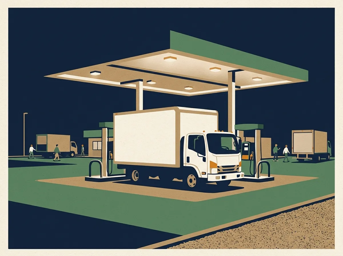Moving truck at a fuel pump at night