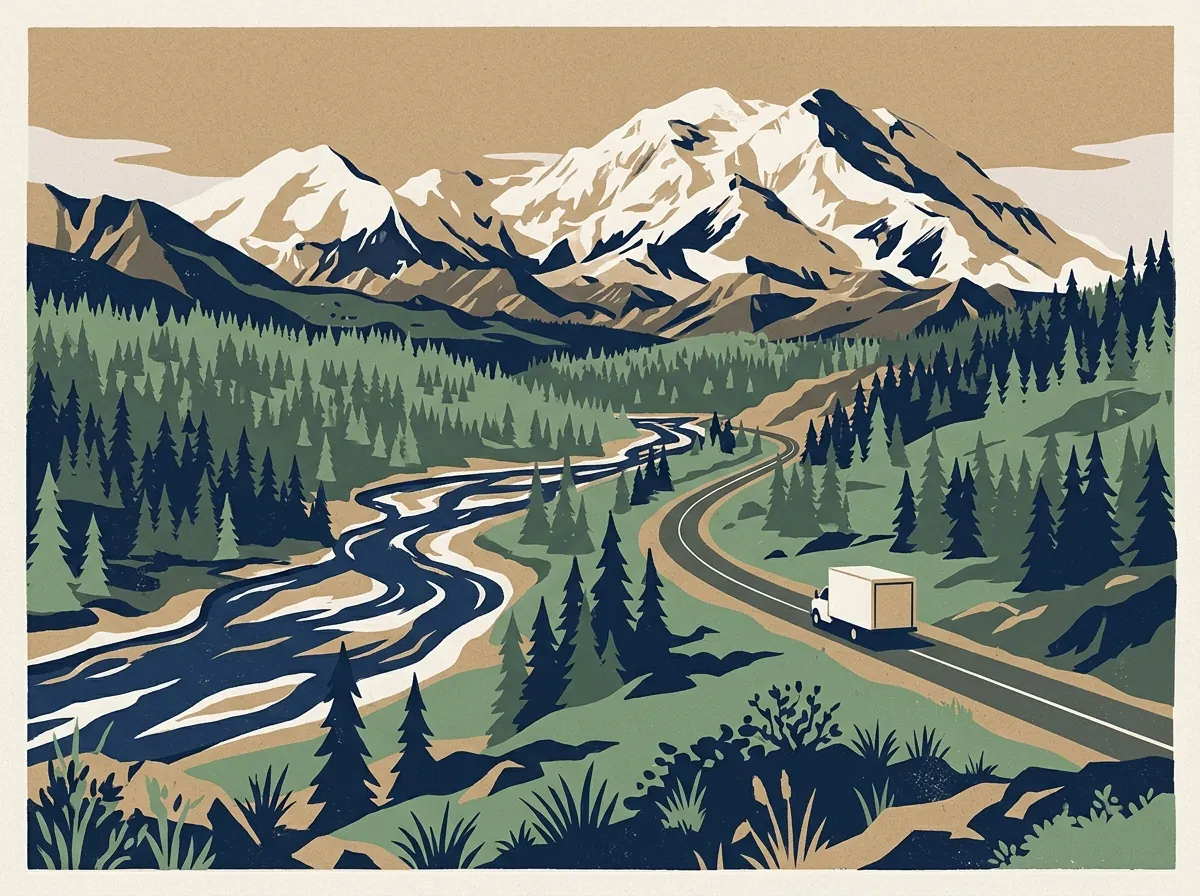 Illustration of a moving truck on a highway in Alaska