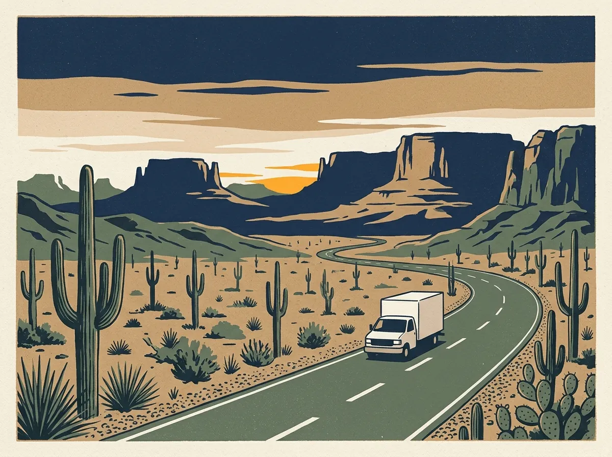 Illustration of a moving truck on a highway in Arizona