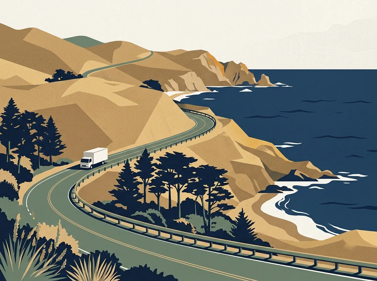 Illustration of a moving truck on a highway in California