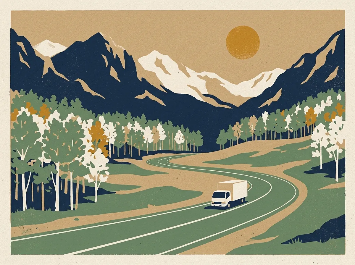 Illustration of a moving truck on a highway in Colorado