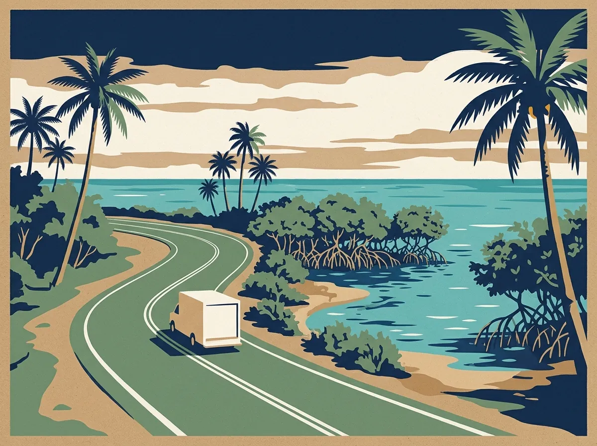 Illustration of a moving truck on a highway in Florida