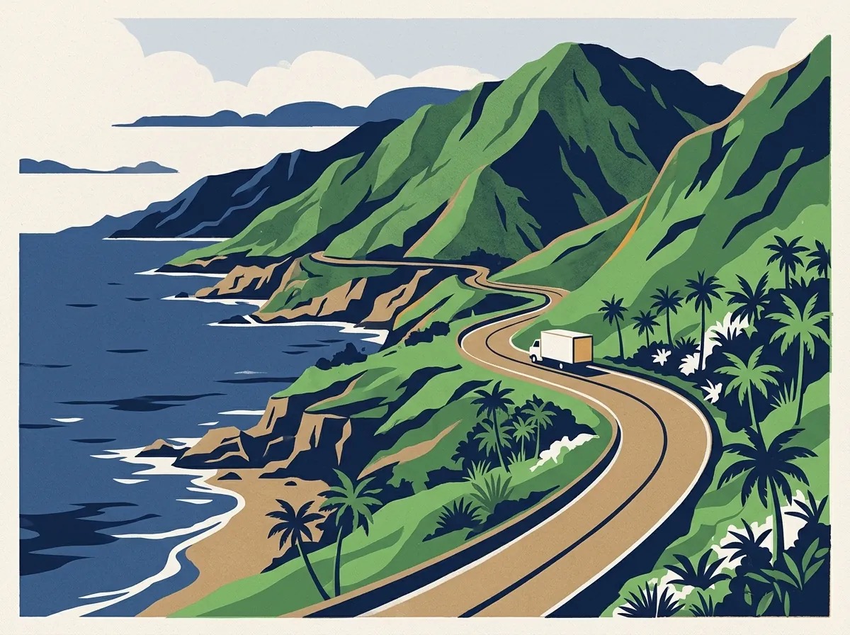 Illustration of a moving truck on a highway in Hawaii
