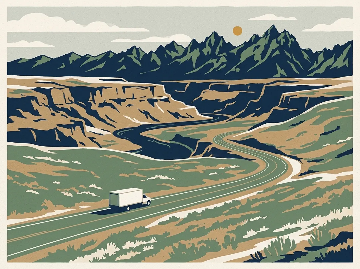 Illustration of a moving truck on a highway in Idaho