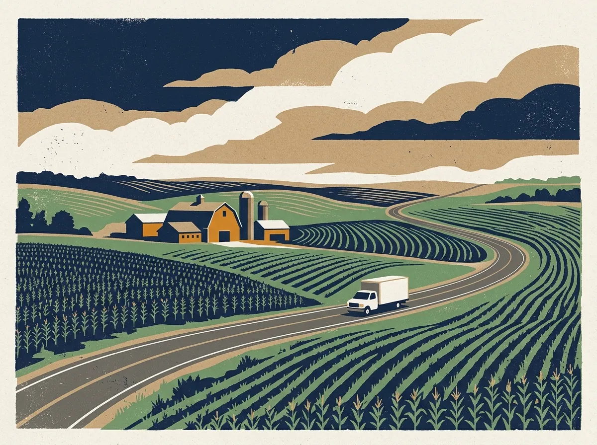 Illustration of a moving truck on a highway in Iowa