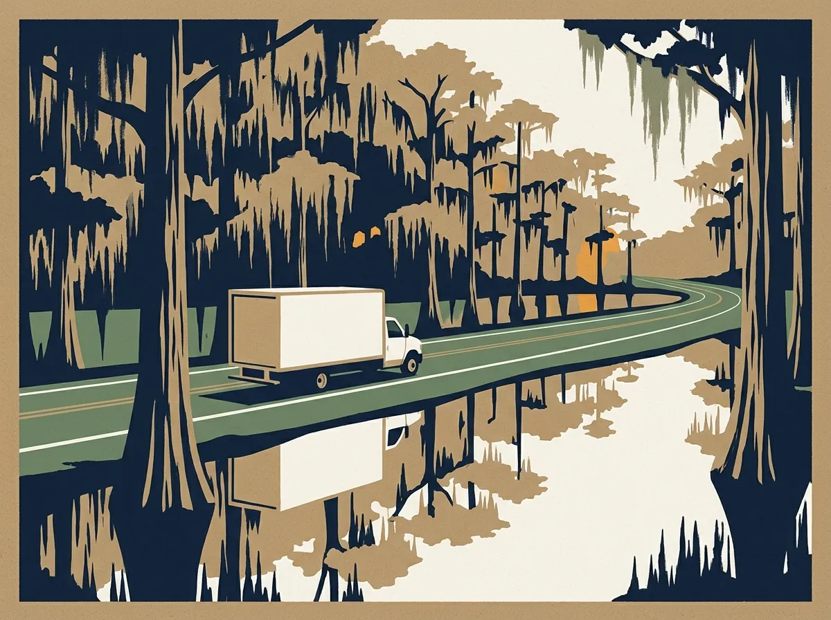 Illustration of a moving truck on a highway in Louisiana