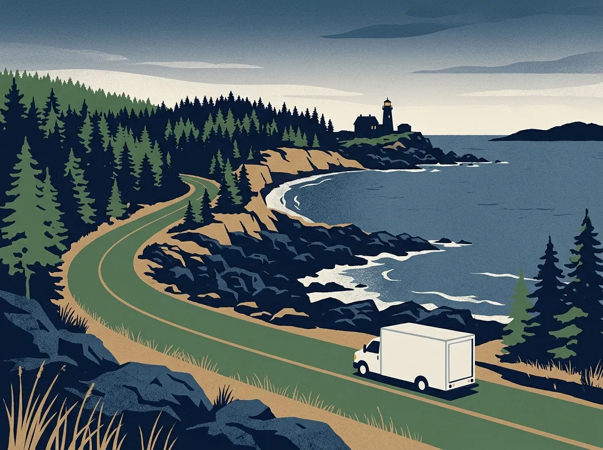 Illustration of a moving truck on a highway in Maine