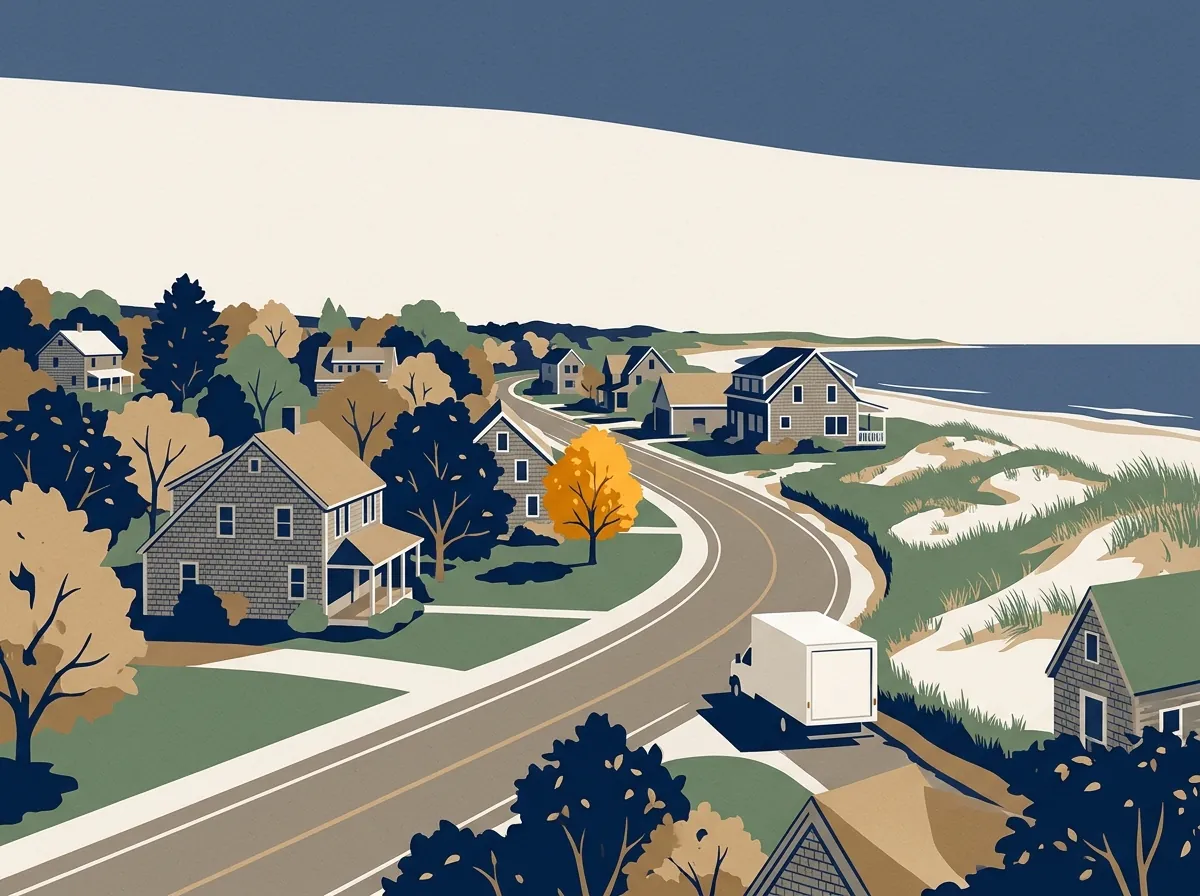 Illustration of a moving truck on a highway in Massachusetts