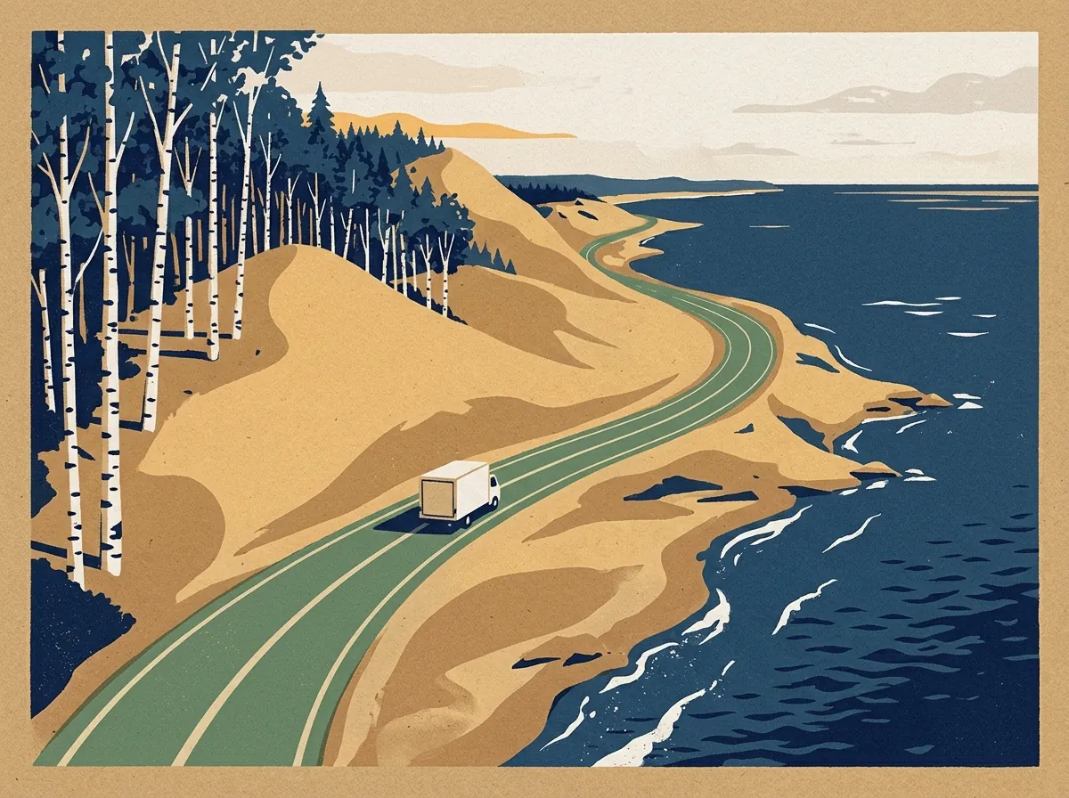 Illustration of a moving truck on a highway in Michigan