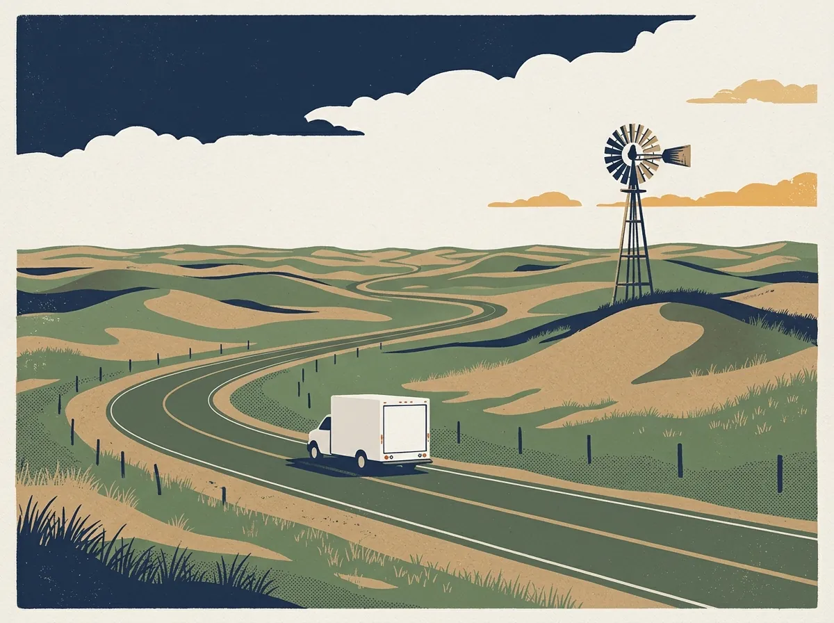 Illustration of a moving truck on a highway in Nebraska