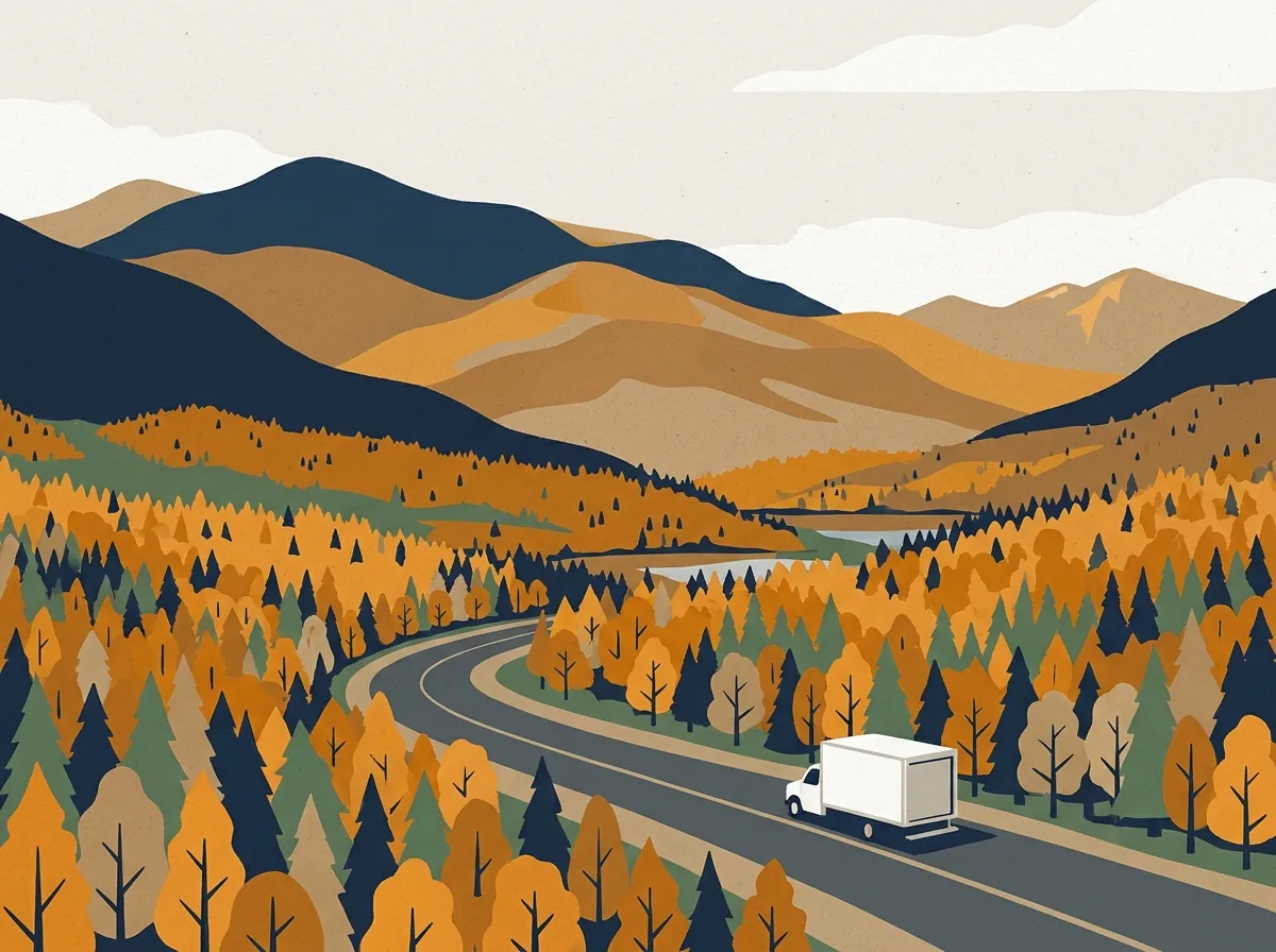 Illustration of a moving truck on a highway in New Hampshire