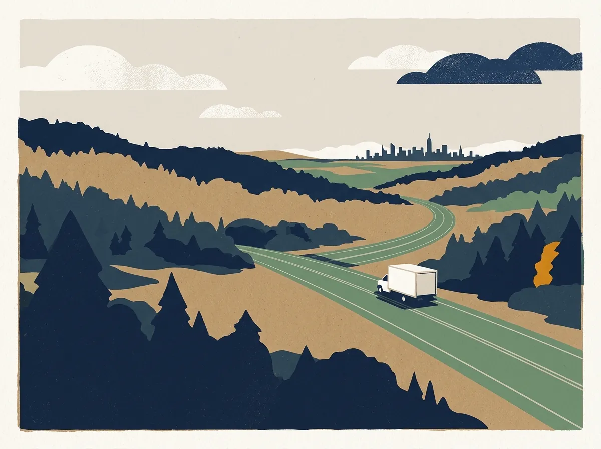 Illustration of a moving truck on a highway in New York