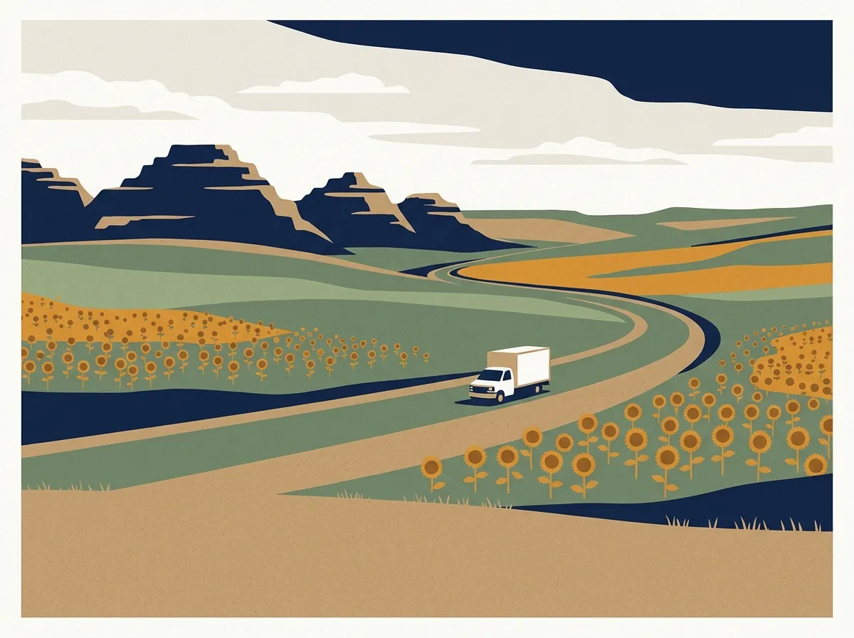 Illustration of a moving truck on a highway in North Dakota
