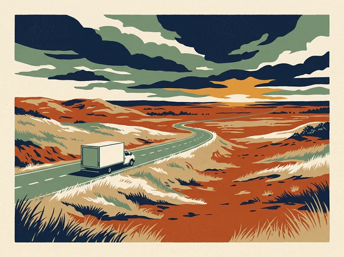 Illustration of a moving truck on a highway in Oklahoma