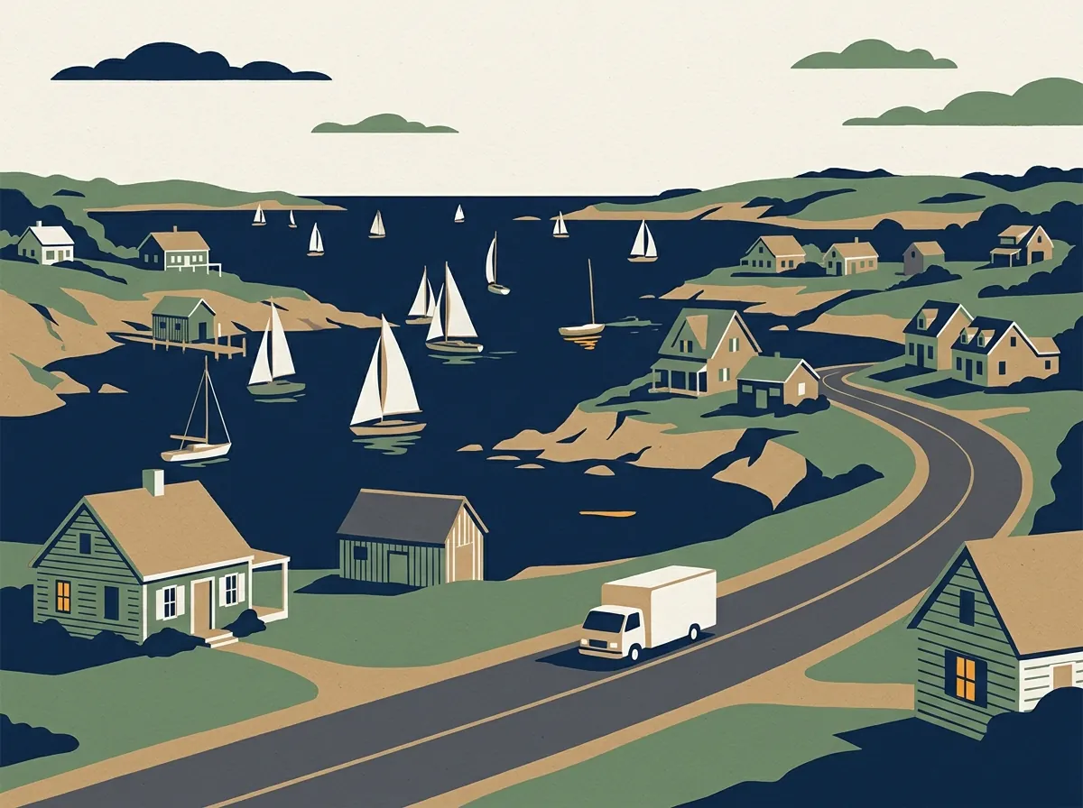 Illustration of a moving truck on a highway in Rhode Island