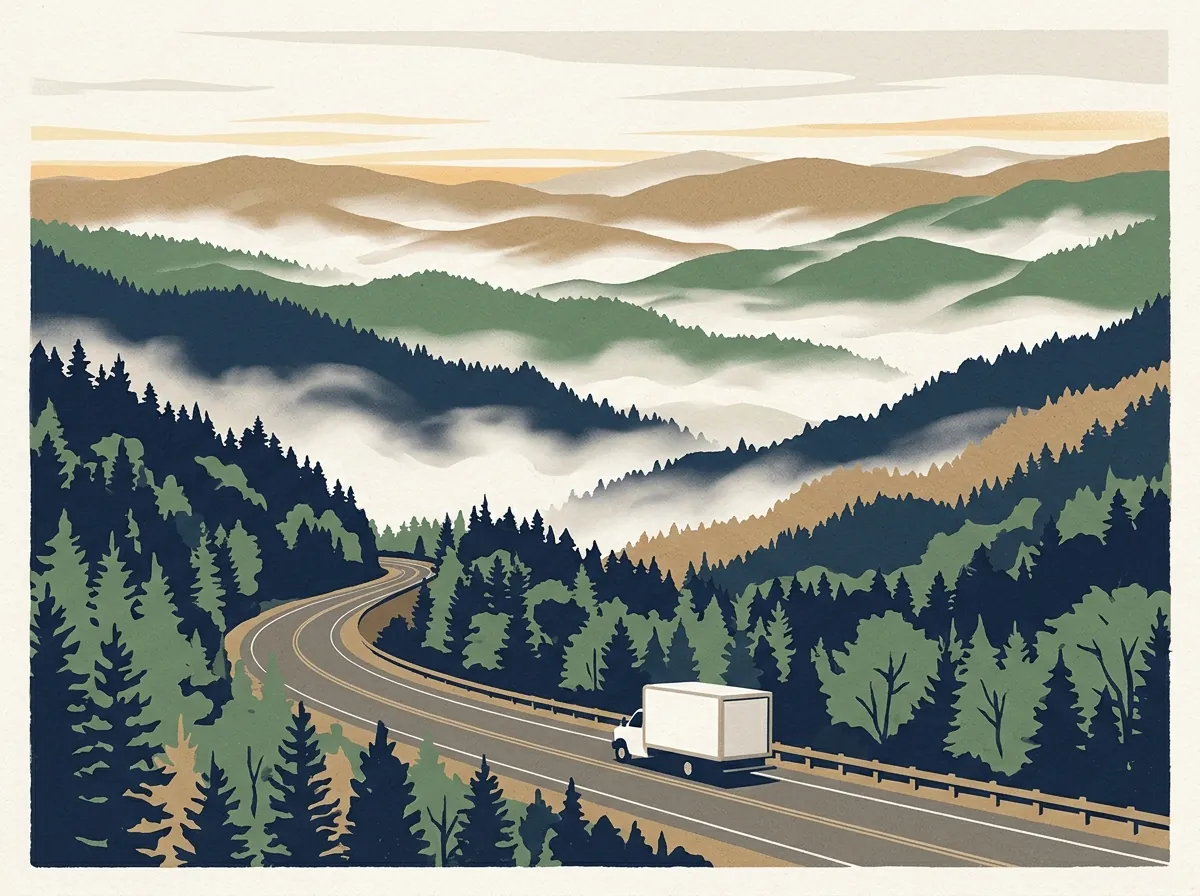 Illustration of a moving truck on a highway in Tennessee