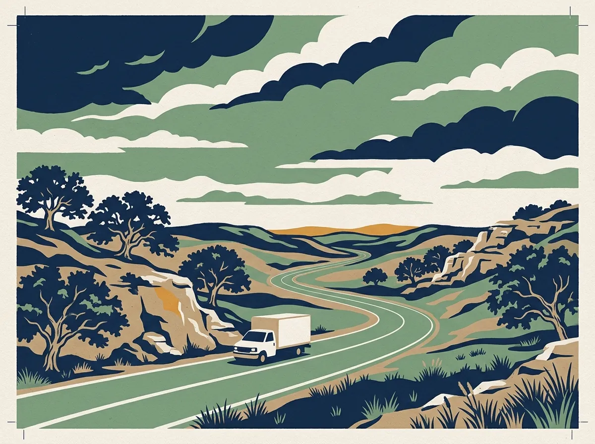 Illustration of a moving truck on a highway in Texas