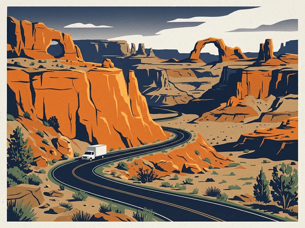 Illustration of a moving truck on a highway in Utah
