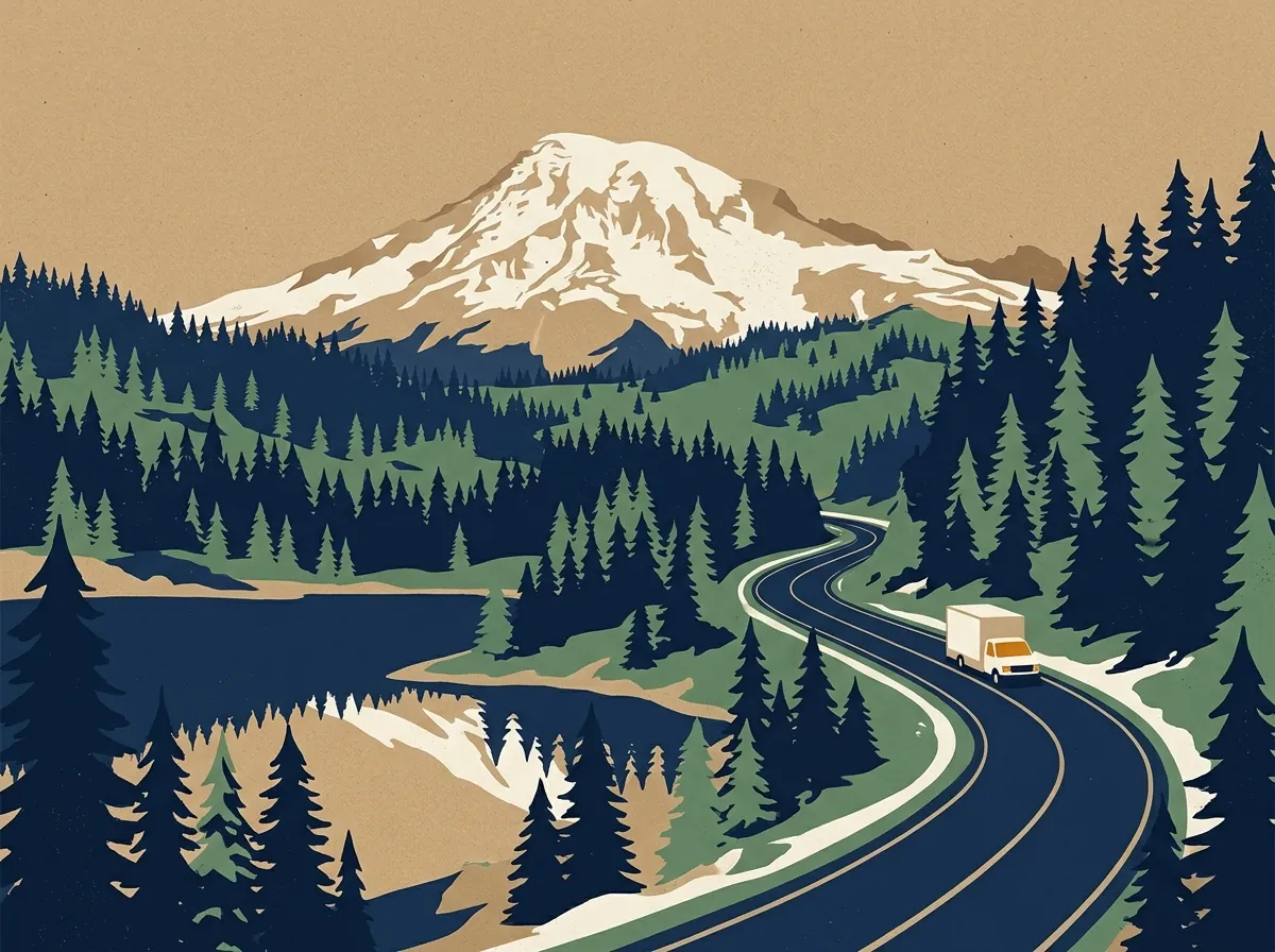 Illustration of a moving truck on a highway in Washington