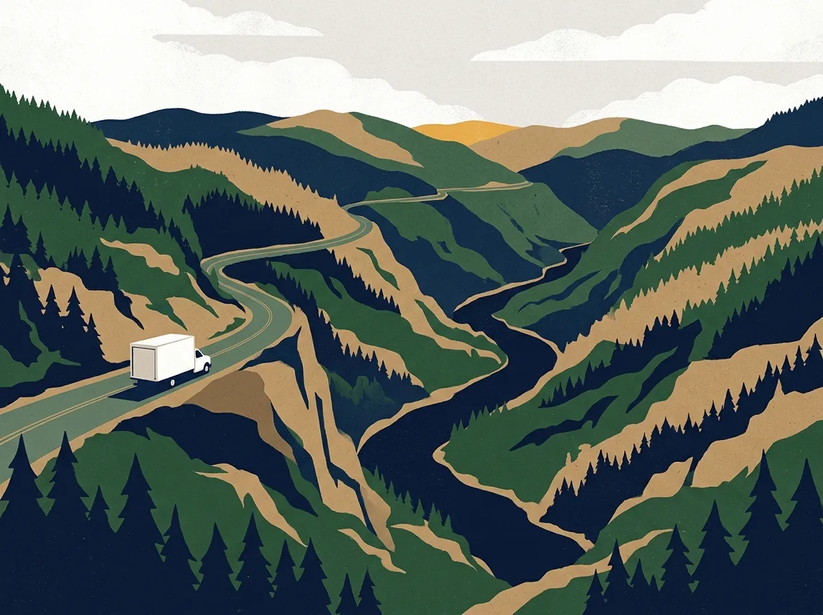 Illustration of a moving truck on a highway in West Virginia