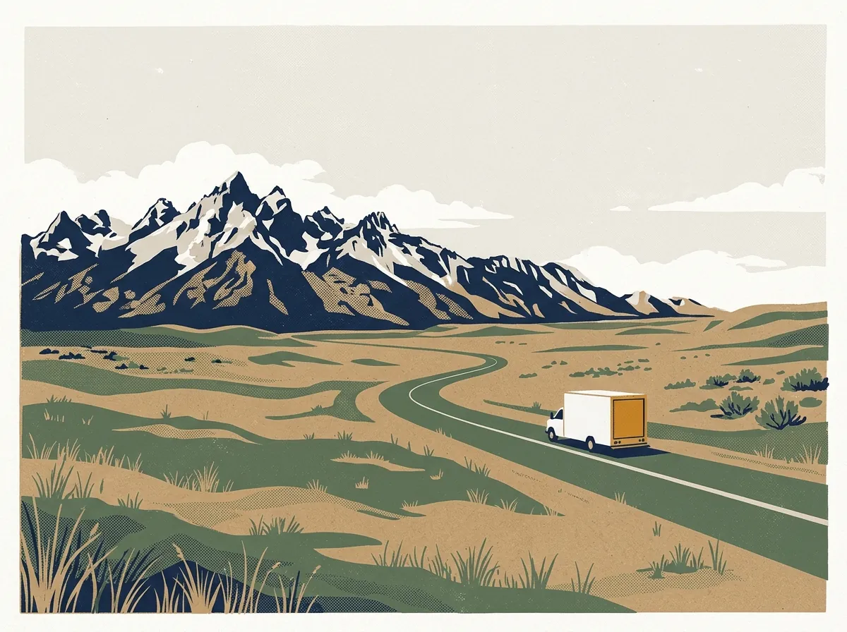 Illustration of a moving truck on a highway in Wyoming